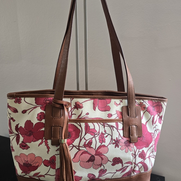 Isaac Mizrahi Handbags - Isaac Mizrahi Pink Floral Canvas Tote with Brown Leather Accents